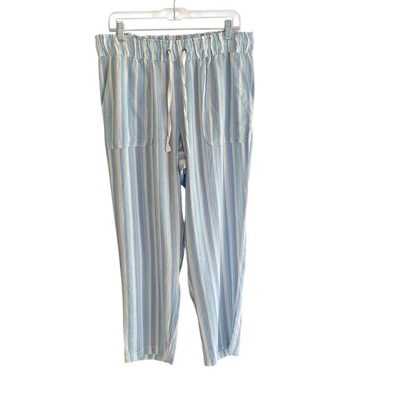 Linen Blend M Striped Pants Blue Pull-On Elastic Waist Pockets Boho Beachy - Picture 1 of 12